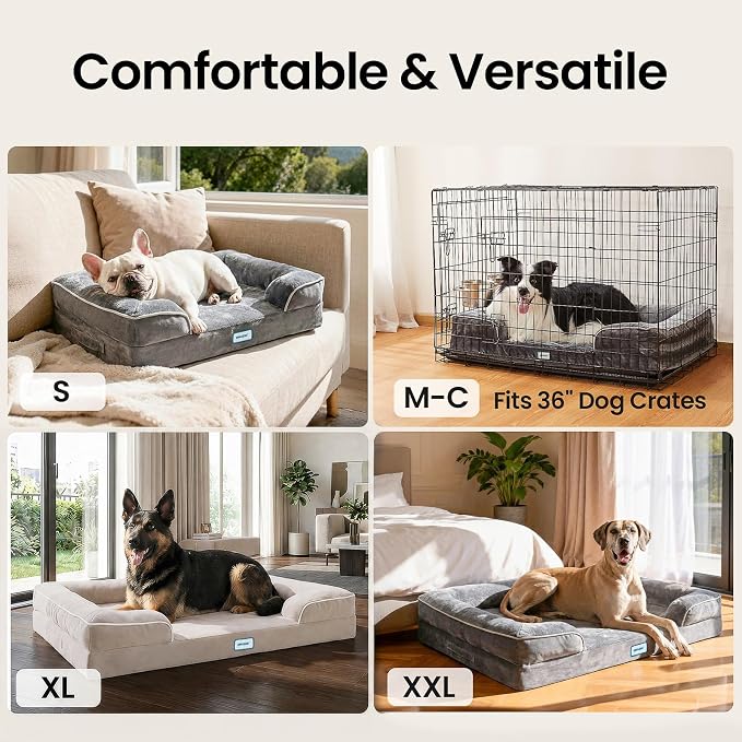 OhGeni Orthopedic Dog Bed Couch Big Cat Sofa for Extra Large Sized Pets with Memory Foam, Machine-Washable Waterproof Removable Cover, Soft Comfortable Fabric, 44-inch (Beige)
