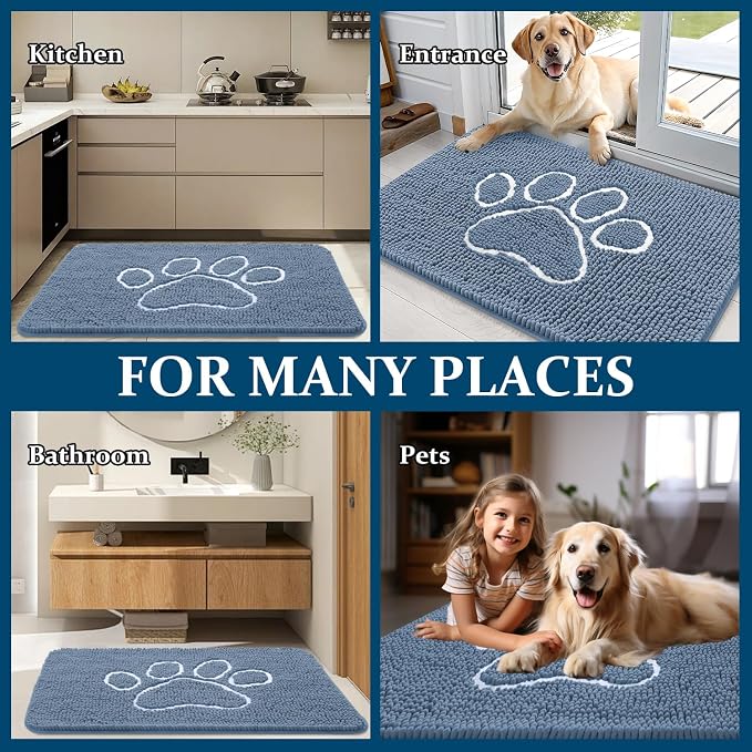 OLANLY Dog Door Mat for Muddy Paws 35x24, Paw Print Design Chenille Mud Mat | Airy Blue and White, Absorbent, Traps Moisture and Dirt, Non-Slip Washable Doormat, Quick-Dry Indoor Entryway Carpet for Dogs