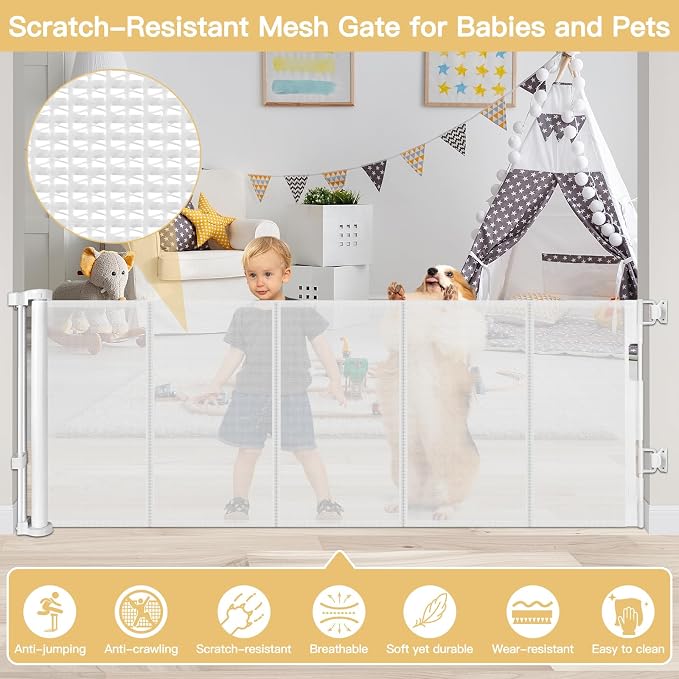 Reinforced 28 Inch Tall Retractable Baby Gates for Dogs - Easy Step Over, 100" Extra Wide Baby Gate with Support Rods, Indoor Mesh Dog Gates for The House Outdoor Retractable Gate Small Pet Gate/White