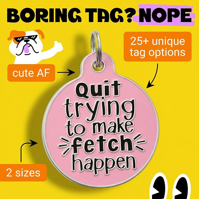 Bad Tags Personalized Dog and Cat ID Tags in 25+ Designs and 2 Sizes - 5 Lines of Custom Engraved Text - Funny Cute Personalized Pet Tags (Quit Trying to Make Fetch Happen, Large (1.25 inch))