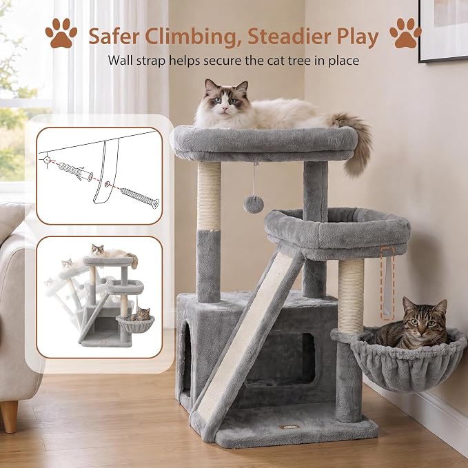 Heybly Compact Cat Tree with Big Scratcher, Stable Cat Tower HCT206SW | 27.2" Cat Furniture with 2 Top Perches, Floor Cat Condo, Cozy Hammock, Space-Saving Cat Activity Center, Light Gray