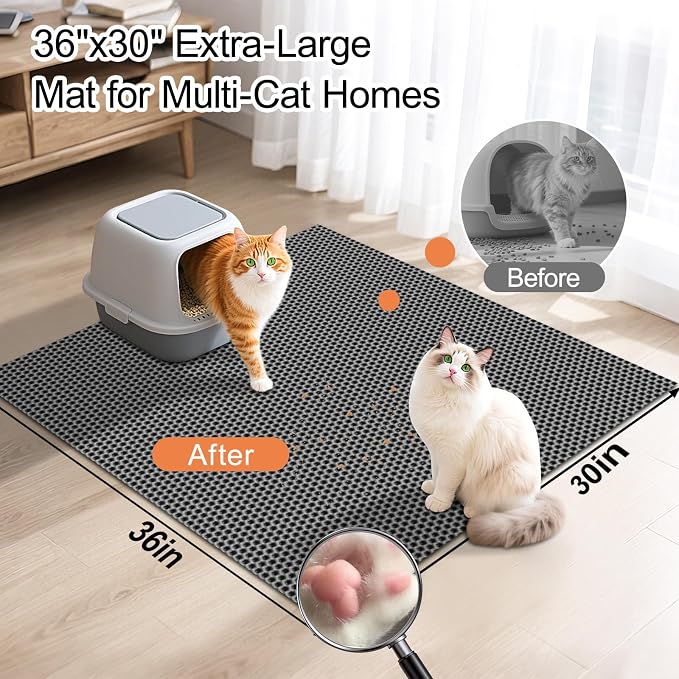XL Extra Large Cat Litter Box Trapping Mat with Honeycomb Catcher for Indoor Kitty 36x30 Inch, Waterproof and Washable Easy Clean, Anti Tracking from Paws Mess Free, Heavy-duty Non slip