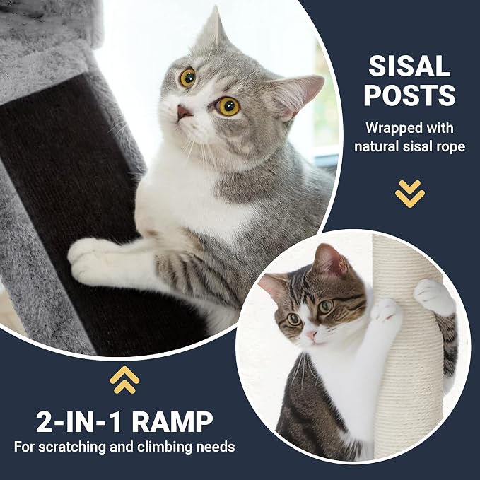 Allewie 68 Inches Cat Tree/House and Towers for Big Feline/Scratching Post/Multi-Level Large Kitty Climbing Tree with Condo/Black & Grey