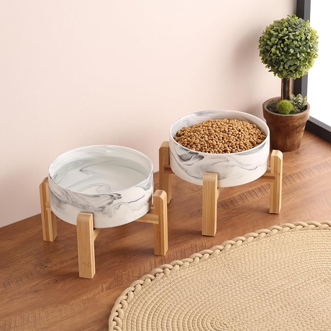 Raised/Elevated Ceramic Dog Bowl for Medium Large Sized Breeds,Large Dog Food Water Bowl with Stand,8 in Non Slip Heavy Weighted 1800ml/ 7.6 Cups/60 OZ Marble Grey