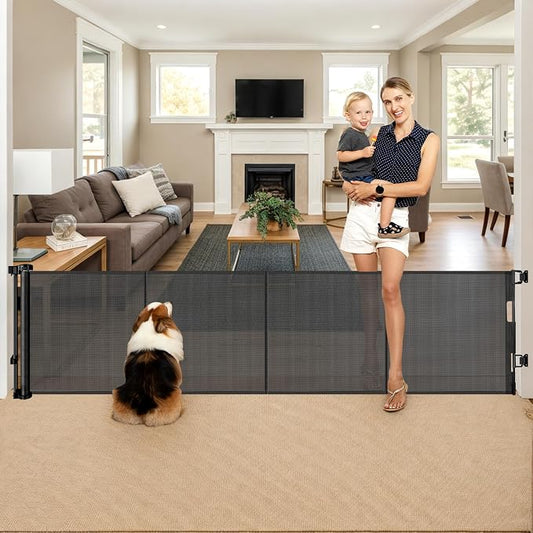 Reinforced 28" Tall x 100" Wide Retractable Baby Gates Extra Wide Dog Gate - Easy Step Over, Long Baby Gate Retractable Dog Gate Indoor Safety Gates Outdoor Gates for Decks with Support Rods, Black