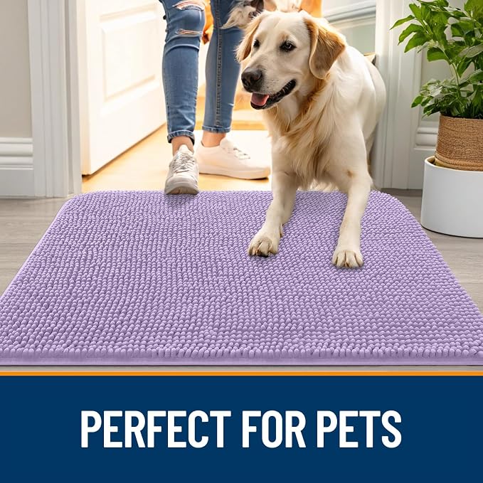 OLANLY Dog Door Mat for Muddy Paws 30x20, Super Absorbent Chenille Mud Mat | Lavender, Absorbs Moisture and Dirt, Non-Slip Machine Washable Doormat, Quick-Drying Indoor Entryway Floor Carpet for Dogs