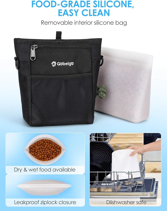 4 Cup Dog Treat Pouch with Silicone Insert Bag& Clicker(Black) | 2 Pair Magnetic Closures, Belt Clip/Waist Belt/Crossbody Wear, Zipper Pocket Poop Bag Holder for Pet Training/Daily Walking