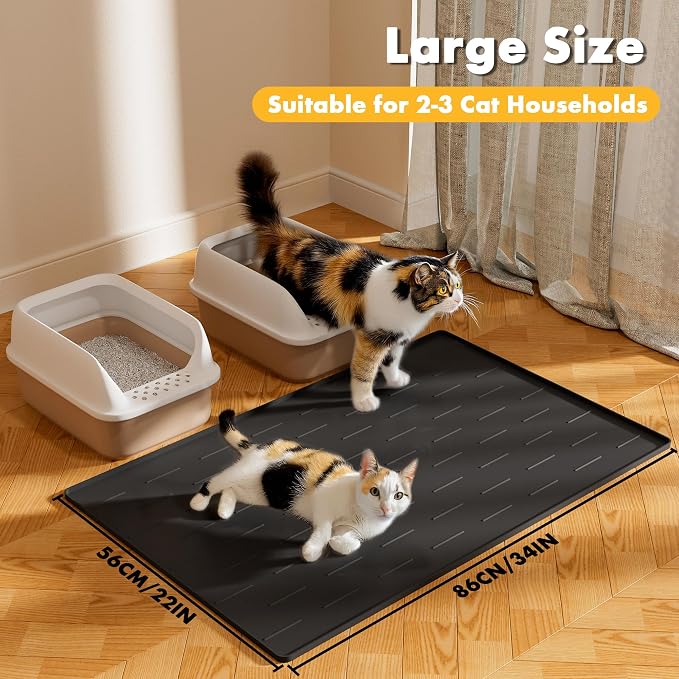 Pieviev Silicone Cat Litter Mat, Traps Litter & Easy to Clean, 34'' x 22'' | Raised Edges Lock Litter & Urine, Scratch and Wear-Resistant Cat Box Mat, Non-Slip Backing, Fit Most Standard Boxes