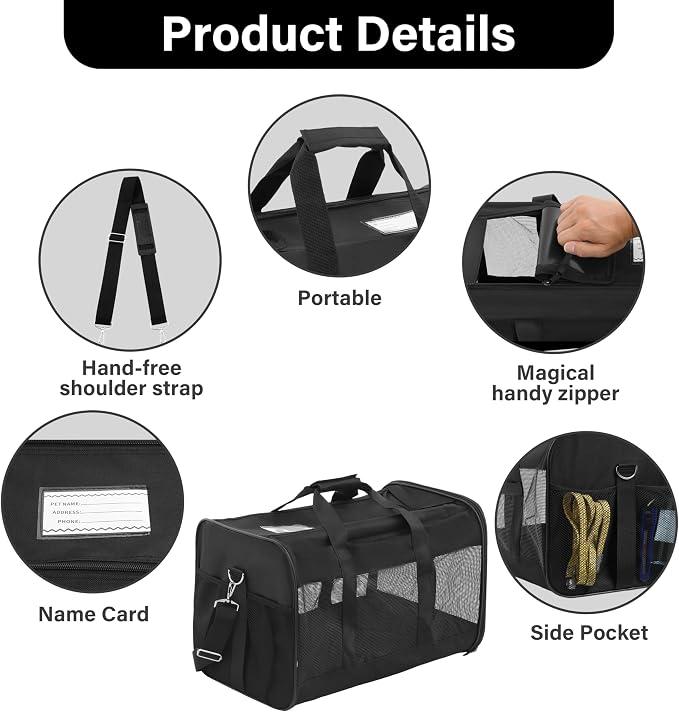 FluffyDream Pet Travel Carrier Soft Sided Portable Bag for Cats, Small Dogs, Kittens or Puppies 17 lbs Max, Collapsible, Durable, Airline Approved, Travel Friendly (Medium)