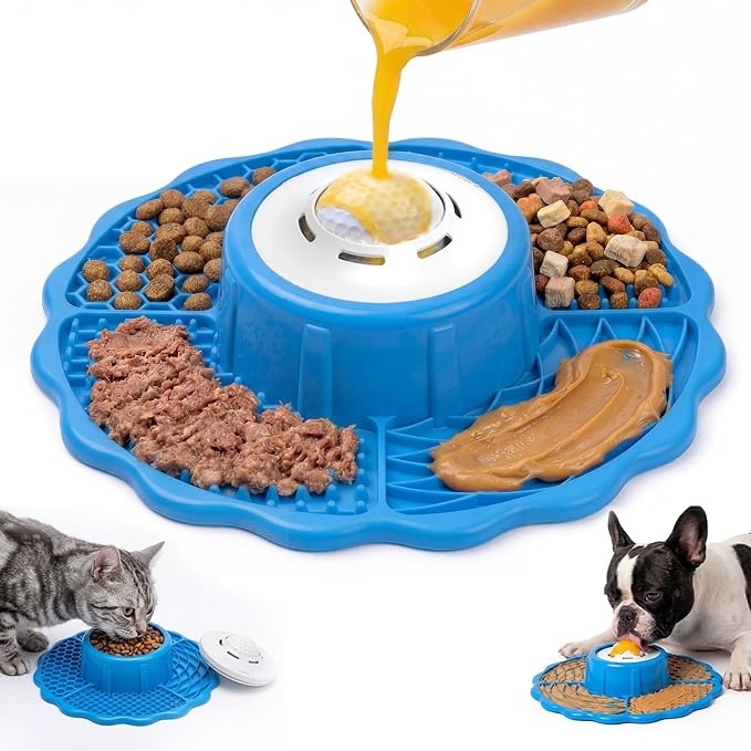 3-in-1 Slow Feeder Dog Bowl with Rolling Ball & Lick Mat for Dogs and Cats, 10oz Capacity, Helps Slow Eating & Calm Feeding & Mental Enrichment, for Indoor & Outdoor Use