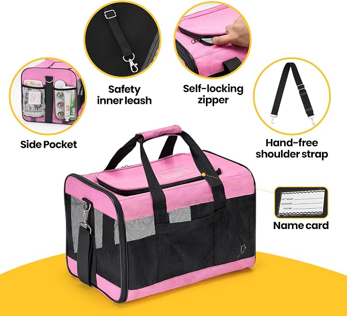 Conlun Cat Carrier Airline Approved, Soft-Sided Dog Carrier with Inner Safety Leash, Pet Transport Carrier for Small-Medium Cats Puppies up to 15 Lbs, Collapsible Travel Kitten Carrier Bag -Pink M