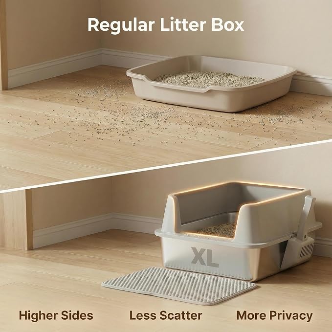 XL Stainless Steel Litter Box with Lid, Extra Large Cat Litter Box | Metal Cat Litter Box for Big Cats with High Sides, Anti-Urine Leakage,Easy Cleaning, Non-Stick, Include Scoop and Mat