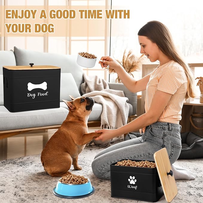 Newtay 2Pcs Extra Large Metal Dog Food Containers Airtight 12 & 3.5 Lbs Dog Treat Snack Jars Set of 2 with Bamboo Lids and Spoons Farmhouse Big Pet Cookie Storage Jars for Kitchen Counter Gift(Black)