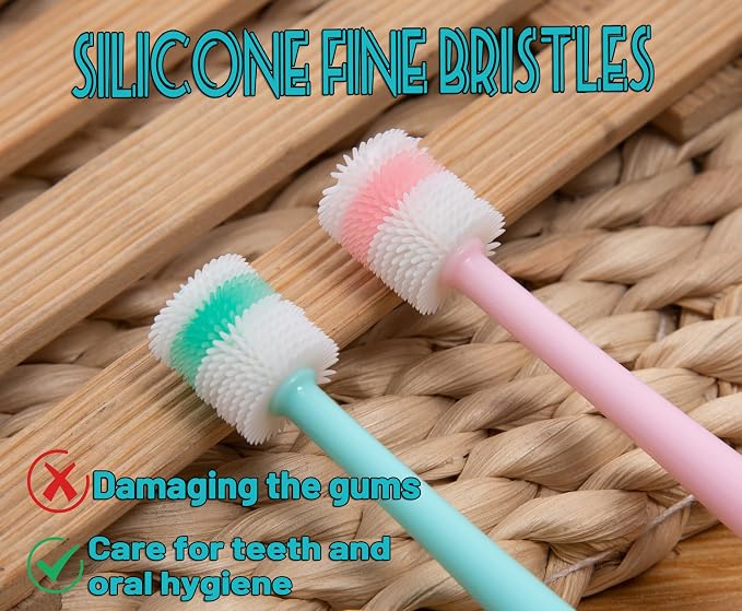 E.M&S.T by Emmeliestella Small Dog & Cat Toothbrush 360 Degree Soft Silicone, Cat Dental Care, Toothbrush Holder, Easy to Handle, Independent Packaging, Suction Cup, Light Blue&Pink (2-Pack + Holder)