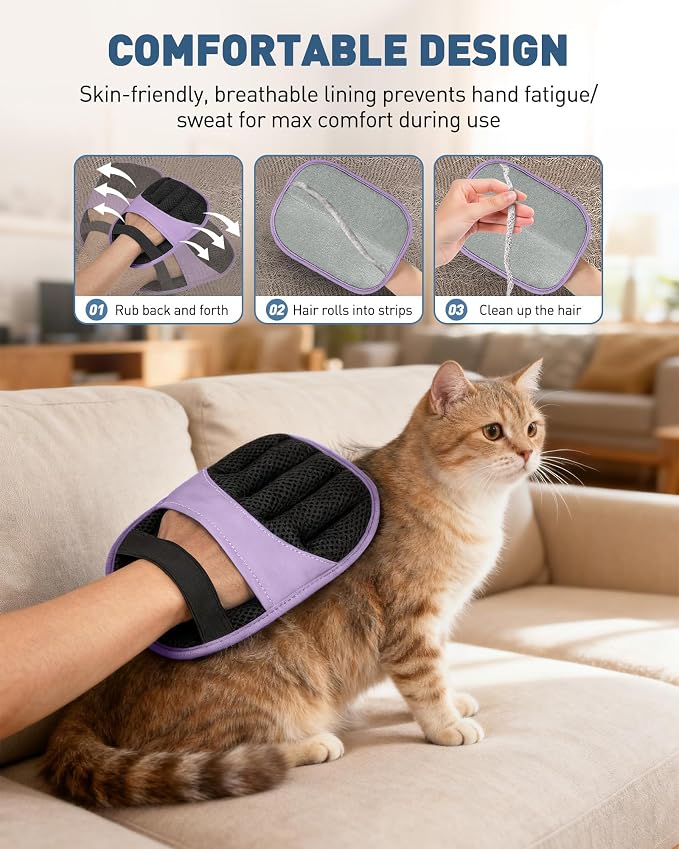 Magic Brush Glove Pet Hair, 2 Pack Removal Tool for Dogs and Cats | Electrostatic Magic Brush, Grooming Needs, Reusable Fur Remover for Furniture, Clothes, Car Seats (Purple)