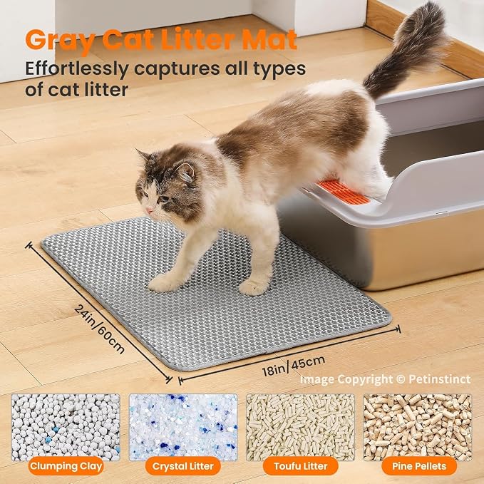 Cat Litter Mat, Double Layer Honeycomb Litter Box Mat | 24x18”, Efficient Litter Trapping, Easy to Clean, Waterproof, Non-Slip, Soft on Paws, Scratch Resistant, Gray, Large