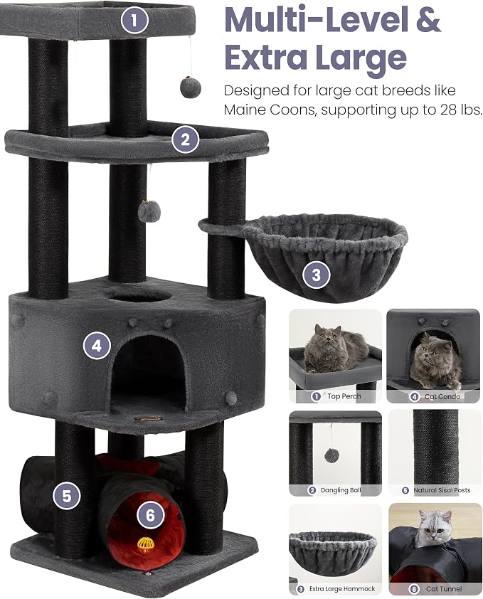Cat Tree Tower for Large Cats Adult - 60 Inch XXL Sturdy Heavy Duty Extra Wide Scratching Posts (φ4.4in) Condo - Indoor Big Cat House Hammock Perch - XL Wood Multi Level Feline Pet Bed Trees Houses