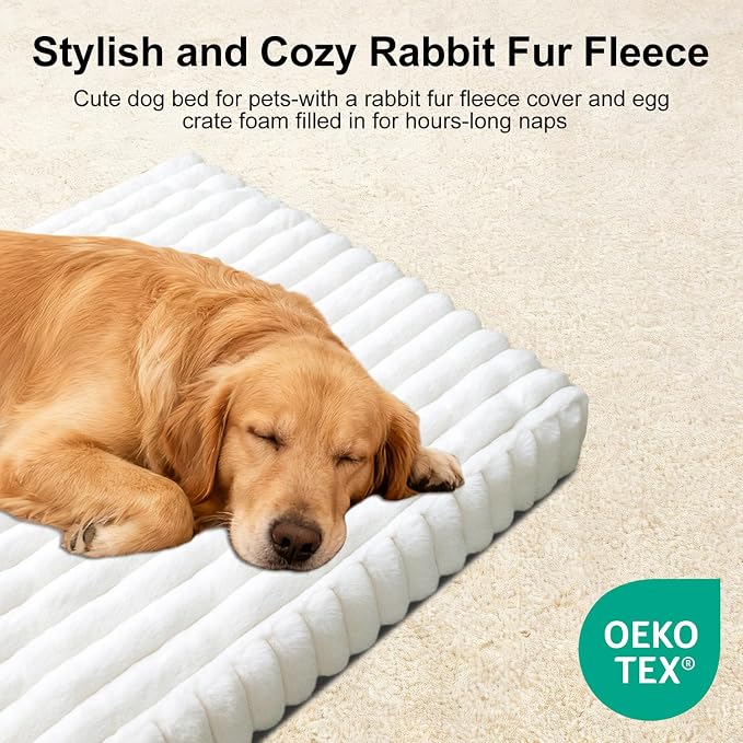Dog Crate Bed Cream 34.6"x22.8" | Flat Dog Crate Bed Waterproof for Meduim Small Dogs Pet Beds with Plush Removable Washable Cover Anti Slip Bottom for Indoor