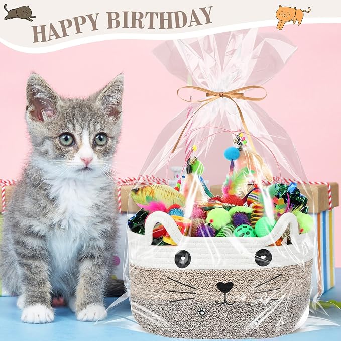 Zopeal 76 Pcs Cat Storage Basket Gift Toys Set Interactive Cat Toys Kitten Wand Colorful Flashing Balls Pet Crinkle Balls Attract Kitten to Swat, Hunt for Pet Indoor(Brown)