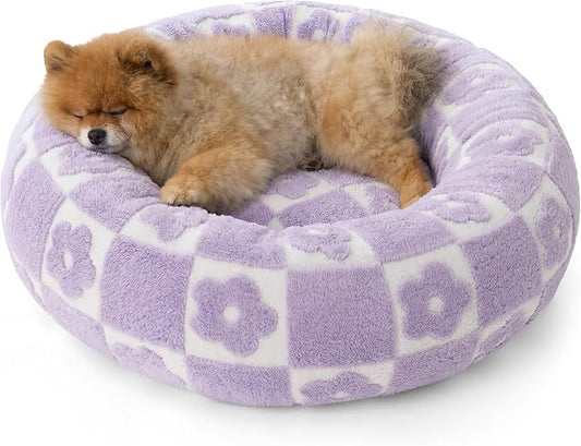 LE SURE Shown on TV Donut Dog Beds for Small Dogs - Calming Cat Sofa as Bed Gift for Indoor Cats with Washable Cover, Round Home Decor Cute Pet Beds with Jacquard Shaggy Plush, 23 Inch, Flower Checks