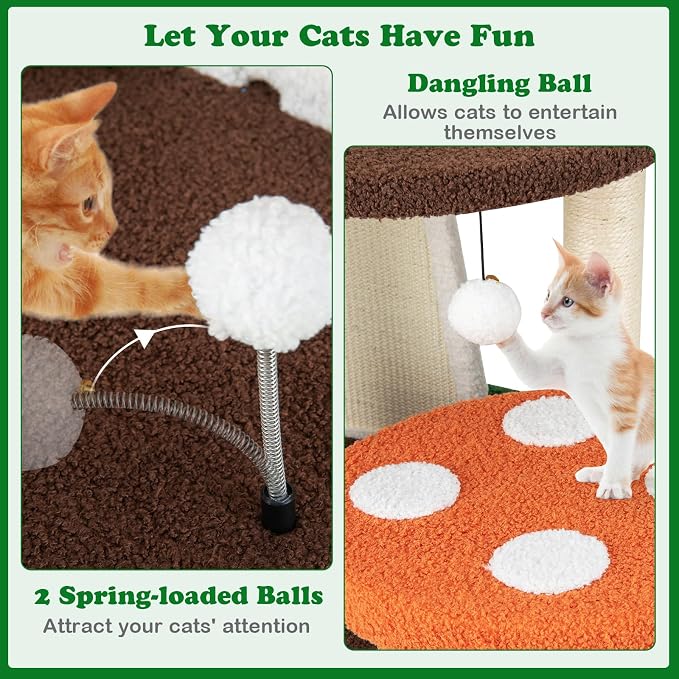 PETSITE Mushroom Cat Tree, 57.5 Inches Tall Multi-Level Cat Tower with Natural Sisal Scratching Posts & Boards, Cat Condo and Teasing Spring Ball, Cute Cat Tree Tower for Indoor Cats Large Adult