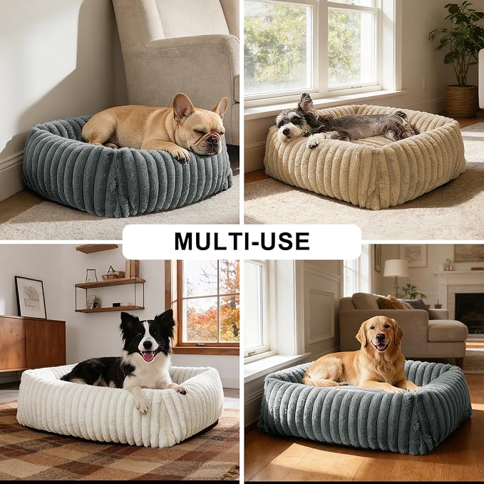 FURTIME Dog Beds Large Sized Dog, Washable Orthopedic Pet Bed with Removable Cover, Rectangle Soft Calming Sleeping Puppy Bed Durable Pet Cuddler with Anti-Slip Bottom, Beige, L(36"x27"x8")