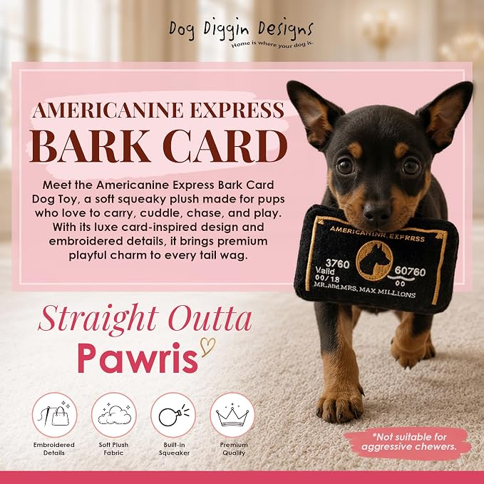 Dog Diggin Designs Americanine Express Bark Plush Dog Toy | Luxury-Inspired Parody Credit Card Dog Toy with Squeaker, Soft Plush Novelty Dog Toy – Don’t Leave Home Without It