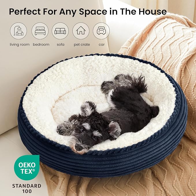 Love's cabin Round Donut Cat and Dog Cushion Bed, 24in Pet Bed for Small or Medium Dogs, Anti-Slip & Water-Resistant Bottom, Soft Durable Fabric Pet Beds, Washable Calming Cat Bed Navy Blue