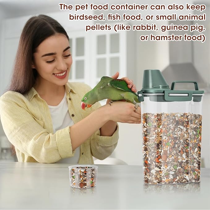 TBMax Small Dog Food Storage Container 3 Qt with Cat Food Can Cover and Mixing Spoon, Portable Travel Pet Food Dispenser with Large Spout and Cup -Bottle Green