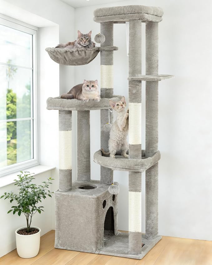 67in Cat Tree Tower for Indoor Cats, Multi-Level Light Grey | Climbing Tower with 3 Large Platform, 4 Scratching Posts, Hammock, Large Condo for Multiple Cats, Modern Cat Tree Furniture