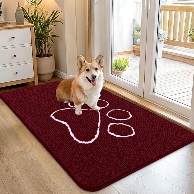 OLANLY Dog Door Mat for Muddy Paws 45x27, Paw Print Design Chenille Mud Mat | Burgundy, Absorbent, Traps Moisture and Dirt, Non-Slip Washable Doormat, Quick-Drying Indoor Entryway Floor Carpet for Dogs
