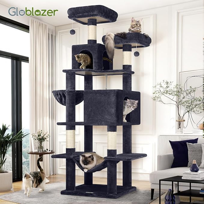 Globlazer Extra Tall Cat Tree Tower for Indoor Cats, 76in, F76, Dark Grey | Multi-Level Cat Furniture with Cozy Condos,Hammock and Perches for Large Adult Cats, Perfect for Climbing, Scratching