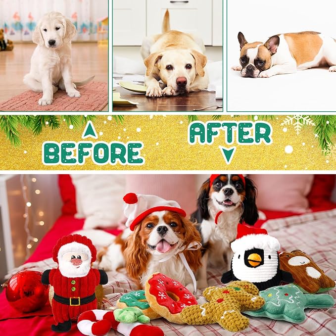 8 Pack Christmas Dog Toys Durable Squeaky Dog Toys for Puppy Christmas Interactive Stuffed Animal Plush Chew Toys with Squeaker for Small Medium Large Dogs Teeth Cleaning