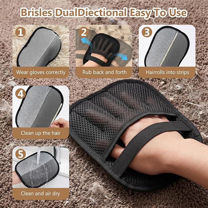 Upgraded Pet Hair Removal Gloves - Electrostatic Grooming Five-Finger Reusable Fur Remover with Snug Elastic Wrist for Dogs and Cats, Magic Brush Pet Needs for Furniture Couch Carpet Clothes Car Seats