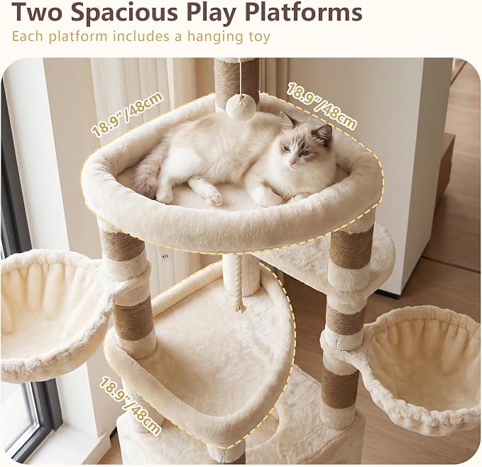 Heybly Cat Tree, 82.7″ Extra Tall Cat Tower for Large Cats Adult HCT063MJ | Giant Cat Condo with Multi-Level Platforms, 2 Baskets, Spacious Cat Cave, Wide Sisal Scratching Board, Beige