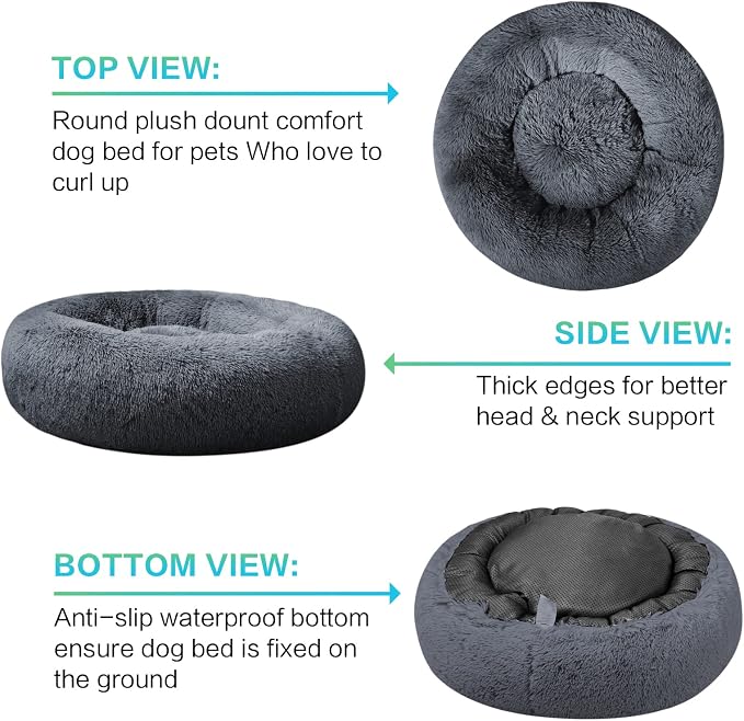 SAVFOX 23 inches Calming Donut Dog Bed - 3X Durable Plush Faux Fur, Machine Washable & Non-Slip, Fits up to 25 lbs, Dark Grey