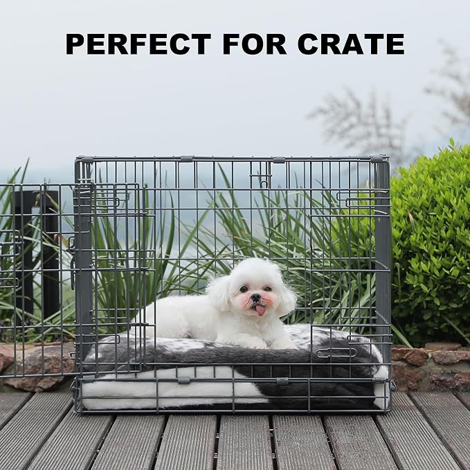 Bedfolks Waterproof Dog Crate Bed,Plush Dog Bed with Removable Washable Cover,Faux Fur Dog Crate Pad for Small Dogs and Cats,Fluffy Dog Kennel Bed 23"x18",Black-White Cowhide