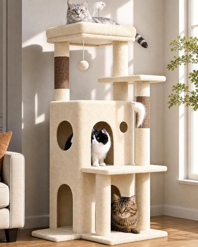 Globlazer Cat Tree Tower for Indoor Cats, 50-inch Adult Cat Tree House for Large Adult Cats with Steps, Scratching Post, 2 Cat Caves, Dangling Toys, FC50, Beige