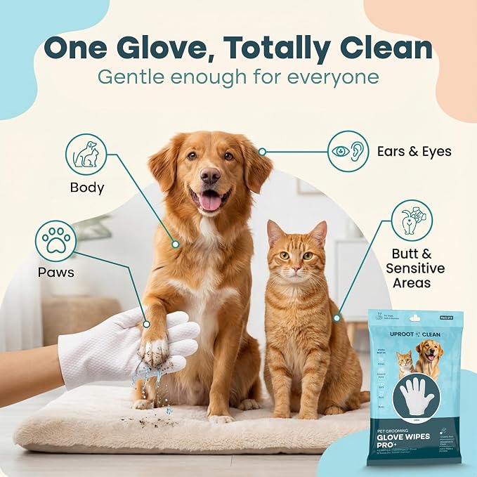 Uproot Clean Pet Grooming Gloves: Deodorizing & Grooming, 1-Month Supply | Extra-Thick Cat & Dog Wipe for Clean Paws, Eyes, Ears, Butt & Body, Lick-Safe. Mess-Free - Removing Tough Dirt, Odor, Oils