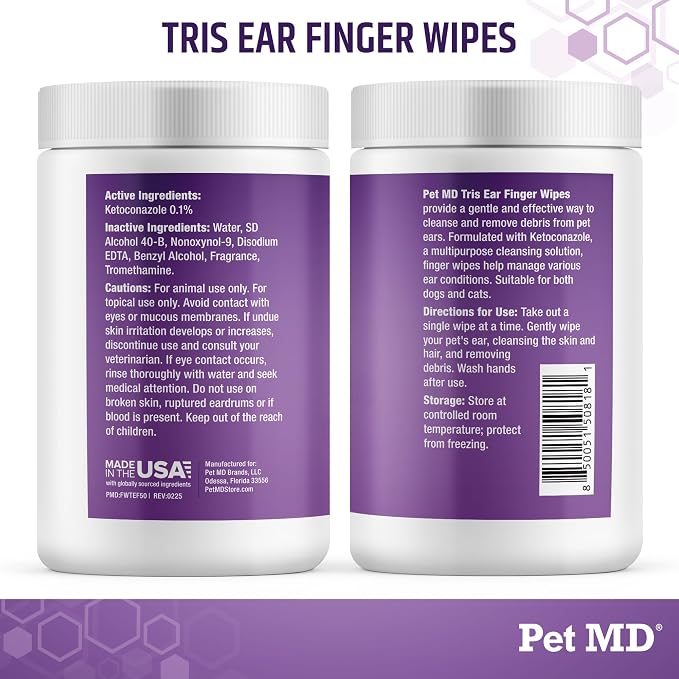 Pet MD Tris Ear Finger Wipes for Dogs & Cats - 50ct | Multipurpose Cleansing Solution Cat Ear Wipes & Puppy Ear Cleaner - Pet Safe Cleaner to Clean and Remove Debris