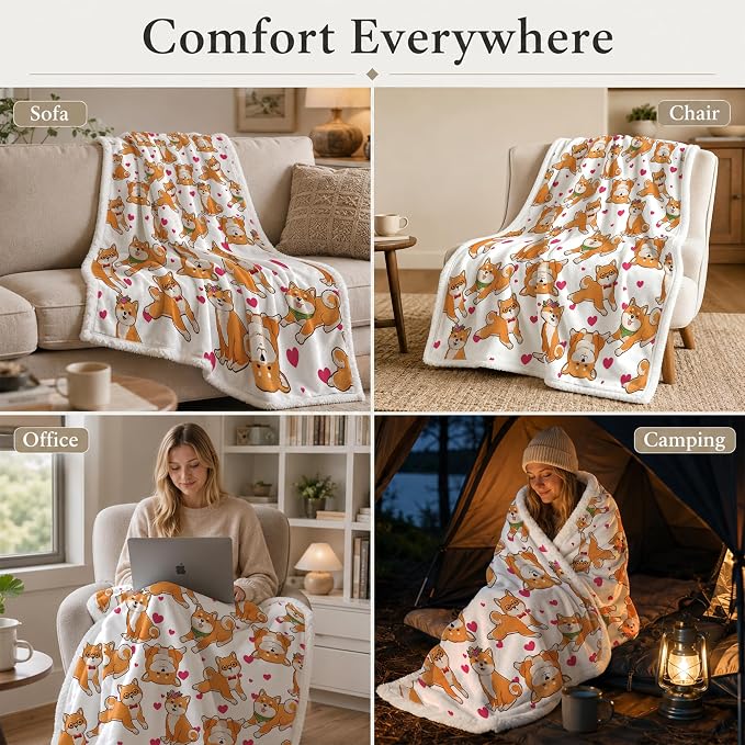 BlessLiving Shiba White Throw Blanket with Dense Dog Patterns Sherpa Fleece Blanket Couch Bed, Soft Cozy Warm Pet Blankets for Kawaii Puppy Lovers Pink Heart Cute Animal Print Gift 50x60 Inches