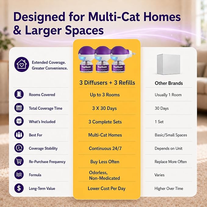 TopSum Cat Calming Pheromone Diffuser: Feline Pheromones Plug in for Stress, Alone At Home, Spraying, Fighting, Scratching, Aggression & Excessive Meowing (Purple, 3 Diffusers+4.8 Fl Oz)