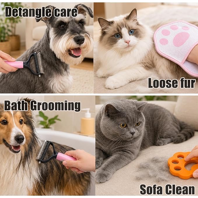 4PCS Pet Grooming Tool Kit with Double-Sided Undercoat Rake for Dogs, Pet Hair Removal Glove for Dog, 2 Reusable Silicone Pet Hair Removers for Laundry, Furniture, Clothes, Couch,Deshed Brush for Cats