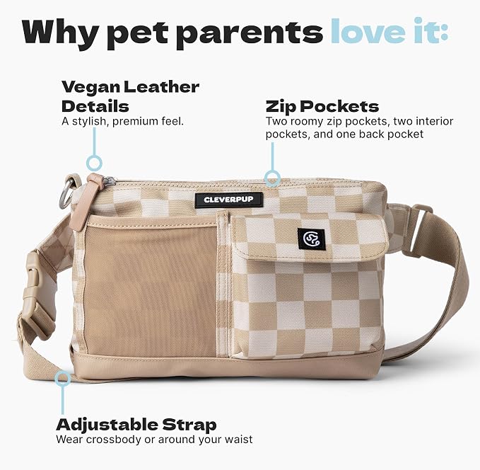 Walk & Train 2-in-1 Dog Walking Bag - Hands-Free Training Crossbody Sling & Fanny Pack with Treat Pouch, Poop Bag Holder, Phone Pockets - Adjustable Waist or Shoulder Strap - Checkerboard