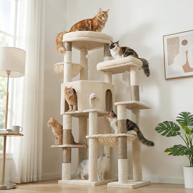 65" Cat Tree Tower, Anti-Tip Cat Condo for Indoor Cats VCT012MJ | Cat Furniture with Extra Wide Baseboard & Large Perch, 2 Hammocks, Cozy Condo, 7 Sisal Scratching Posts, Beige