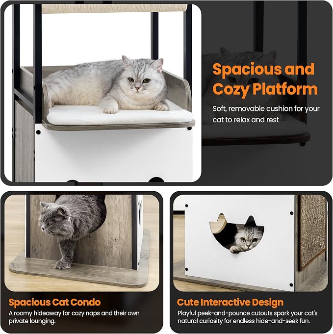 48in Wood Modern Cat Tree for Large Indoor Cats with Big Perch Bed | Multi-Level Climbing Design, Cat Cando, Sisal Scratching Posts and Board, Removable Washable Pads, Stable Greige