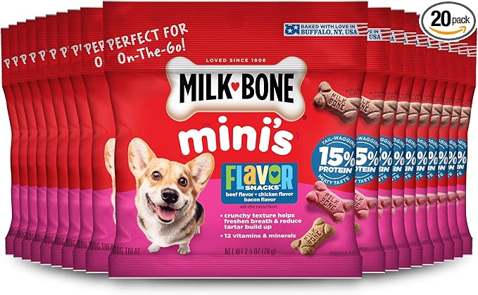 Milk-Bone Flavor Snacks Mini’s Dog Treats, 20 To-Go Bags | 2.5-oz. bags, 5 flavors per box (beef, chicken, turkey, bacon & sausage flavors with other natural flavors)