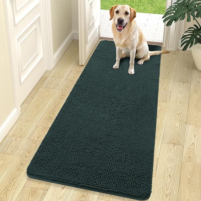 OLANLY Dog Door Mat for Muddy Paws 70x24, Super Absorbent Chenille Mud Mat | Blackish Green, Absorbs Moisture and Dirt, Non-Slip Machine Washable Doormat, Quick-Dry Indoor Entryway Floor Carpet for Dogs