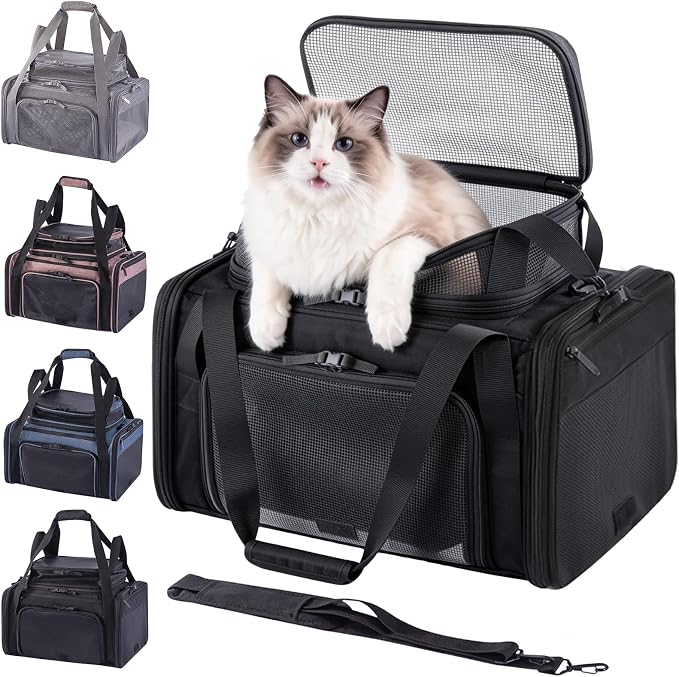 Cat Carrier Soft Sided, Expandable Pet Carrier for Medium Small Pets, Collapsible Travel Carrier with Hard Shell, 360° Panoramic Mesh, Washable Waterproof Pad | – 17.3×13.8×9.4 (Black)
