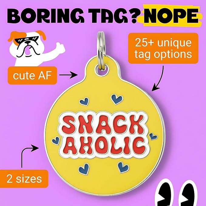 Bad Tags Personalized Dog and Cat ID Tags in 25+ Designs and 2 Sizes - 5 Lines of Custom Engraved Text - Funny Cute Personalized Pet Tags (Snackaholic, Small (1 inch))